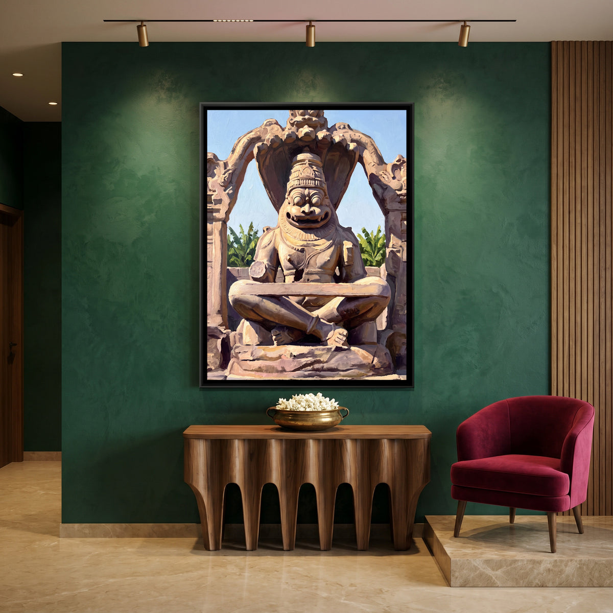 Ugra Narasimha Monolith at Hampi - canvas art shown in a styled room
