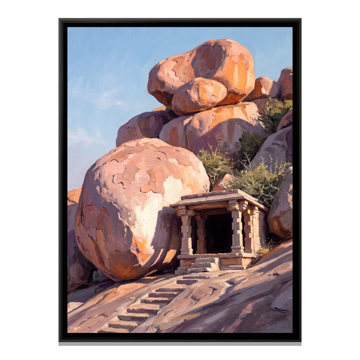 Balanced Granite Boulders on Hemakuta Hill - framed canvas print, front view