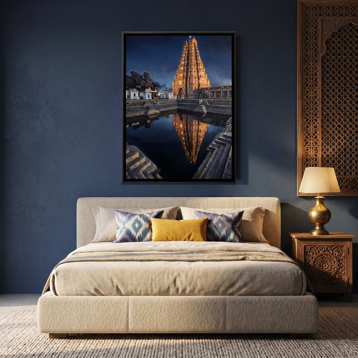 Virupaksha Tower Reflected at Dawn - canvas art shown in a second room setting