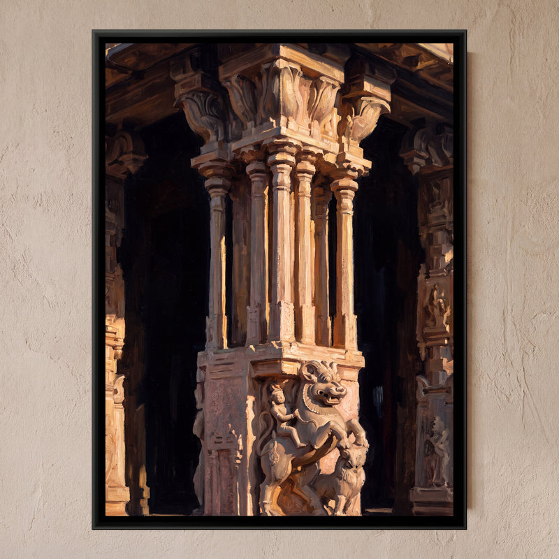 Carved Pillars of the Vittala Temple - framed canvas art hung on a wall