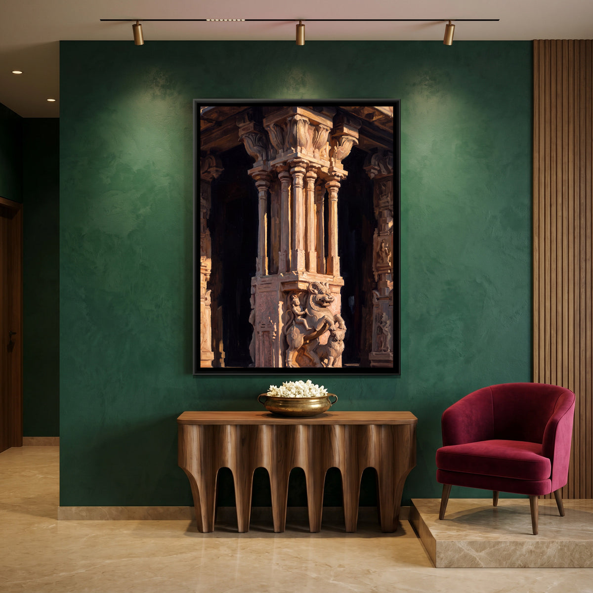 Carved Pillars of the Vittala Temple - canvas art shown in a styled room