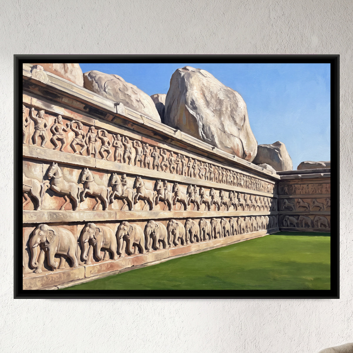 Carved Friezes of the Hazara Rama Temple - framed canvas art hung on a wall