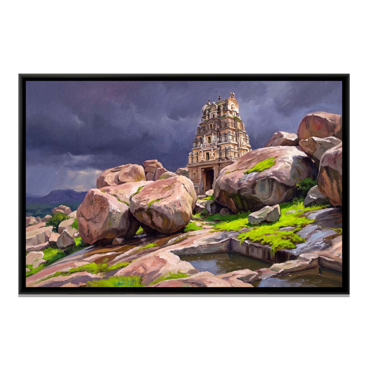 Malyavanta Temple under Monsoon Clouds - framed canvas print, front view