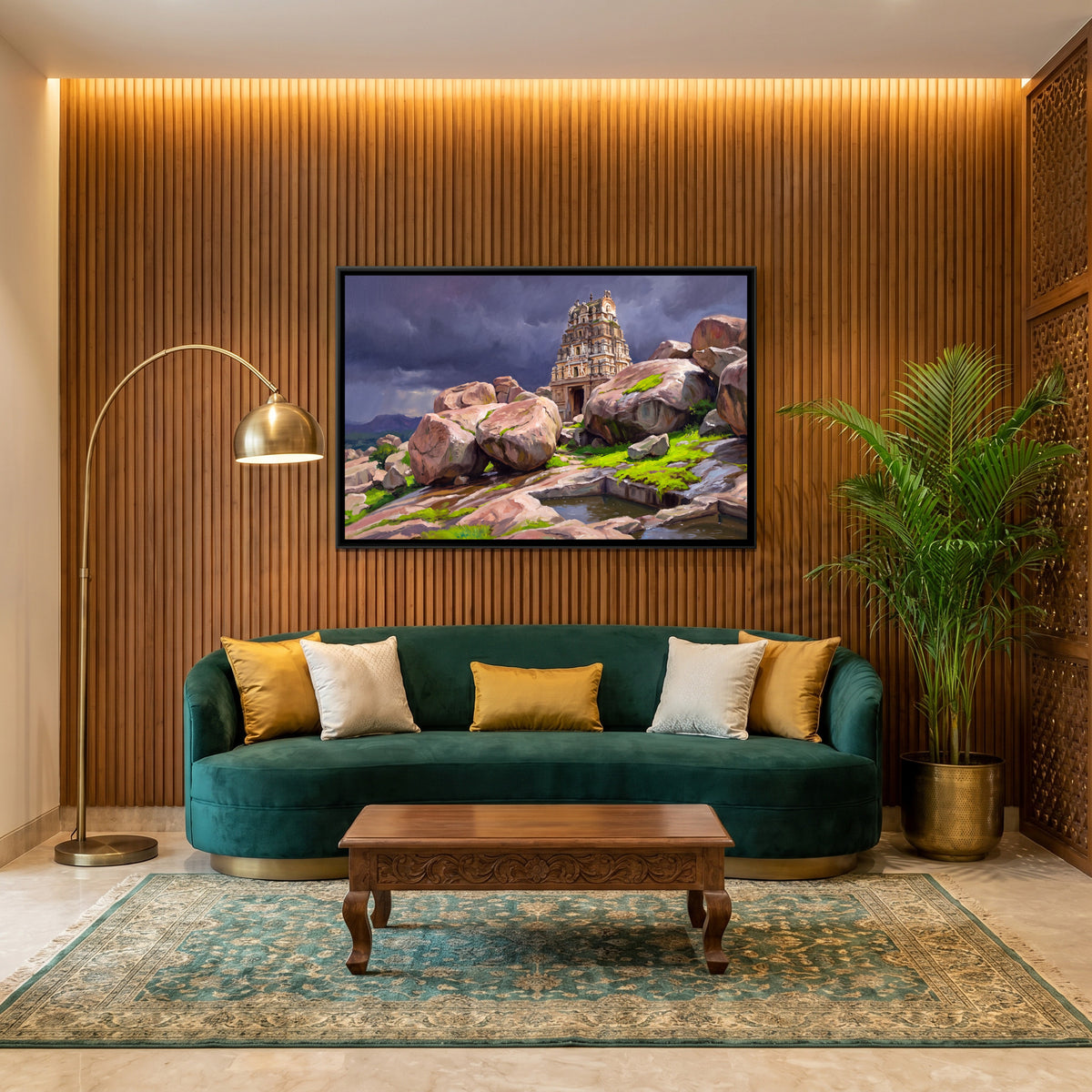 Malyavanta Temple under Monsoon Clouds - canvas art shown in a styled room