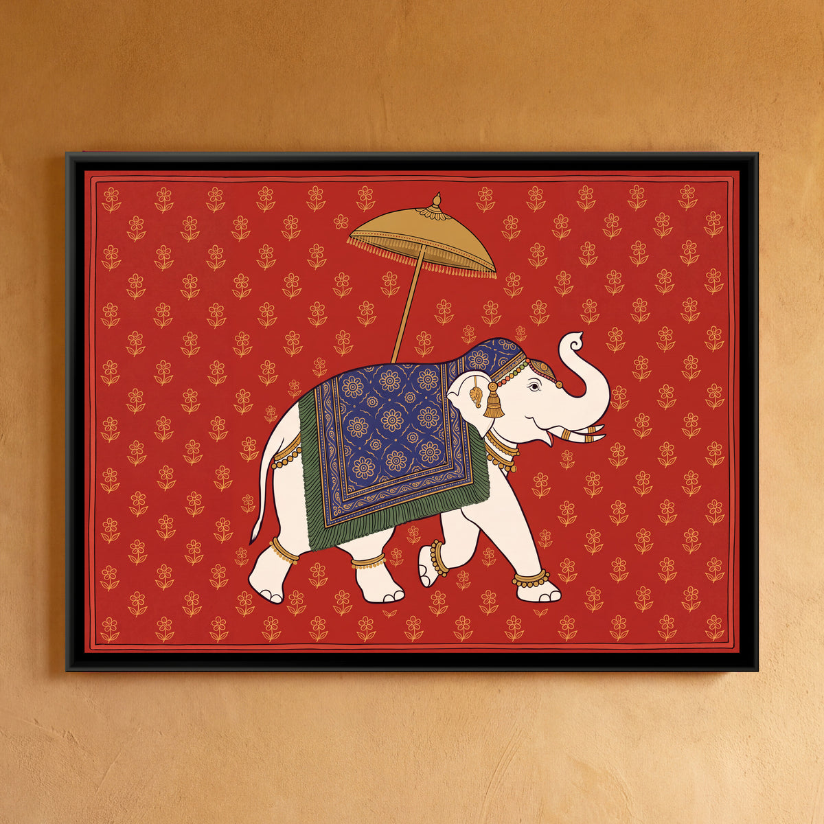 Caparisoned White Elephant with a Golden Parasol on Vermilion Red - framed canvas art hung on a wall