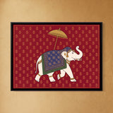 Caparisoned White Elephant with a Golden Parasol on Crimson Red