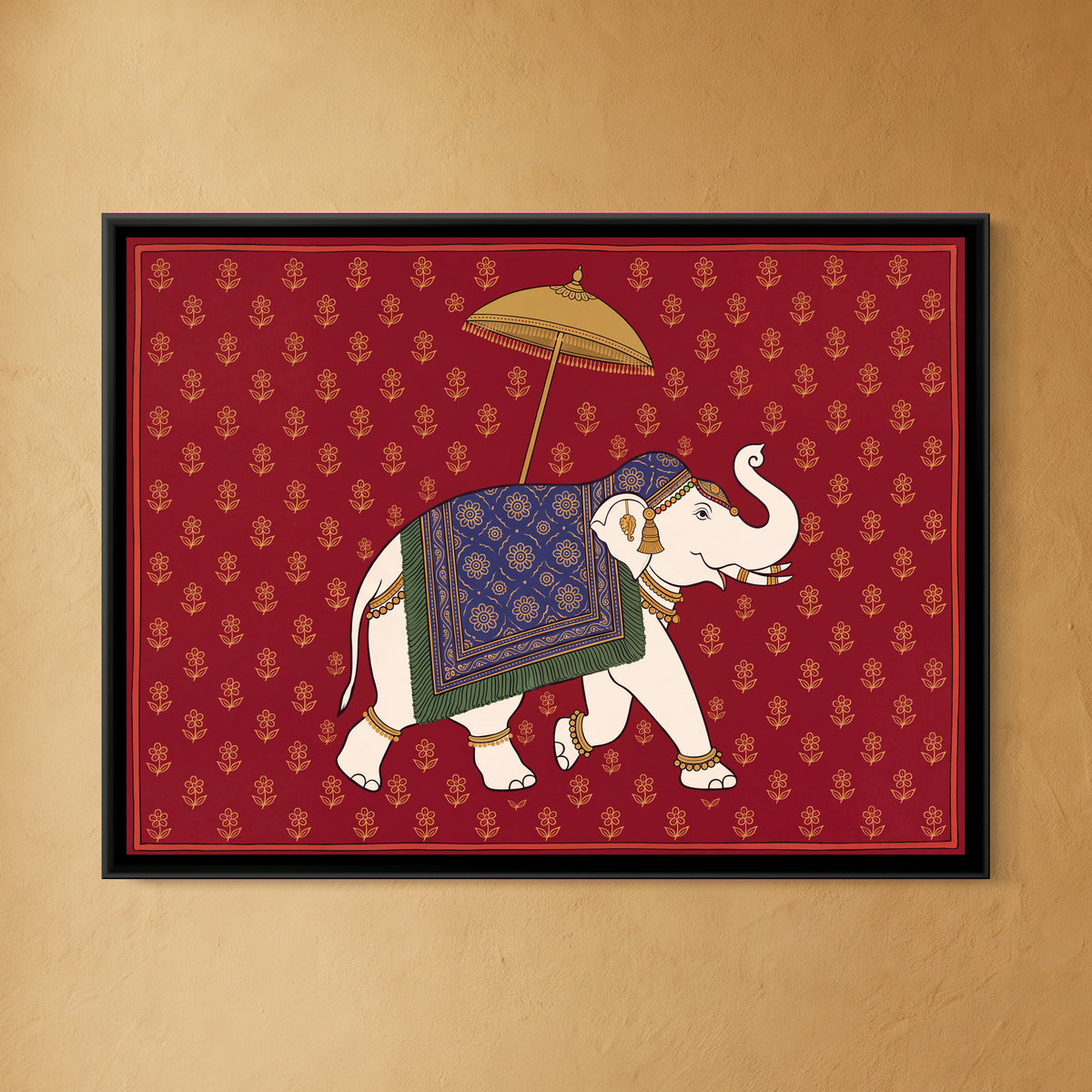Caparisoned White Elephant with a Golden Parasol on Crimson Red - framed canvas art hung on a wall