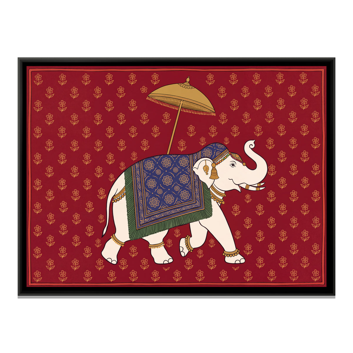 Caparisoned White Elephant with a Golden Parasol on Crimson Red - framed canvas print, front view