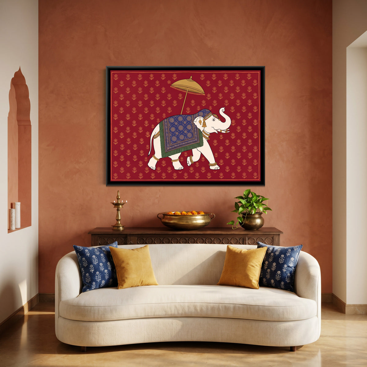 Caparisoned White Elephant with a Golden Parasol on Crimson Red - canvas art shown in a styled room
