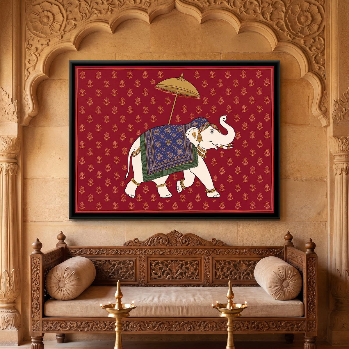 Caparisoned White Elephant with a Golden Parasol on Crimson Red - canvas art shown in a second room setting