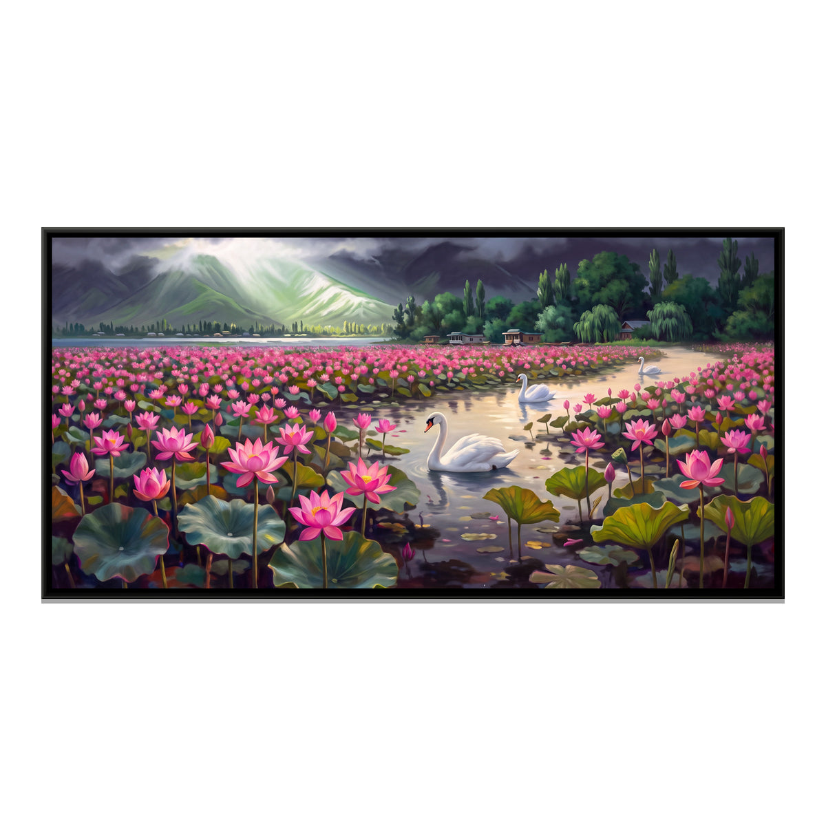 Swans on a Lotus Lake Under Storm Clouds - framed canvas print, front view