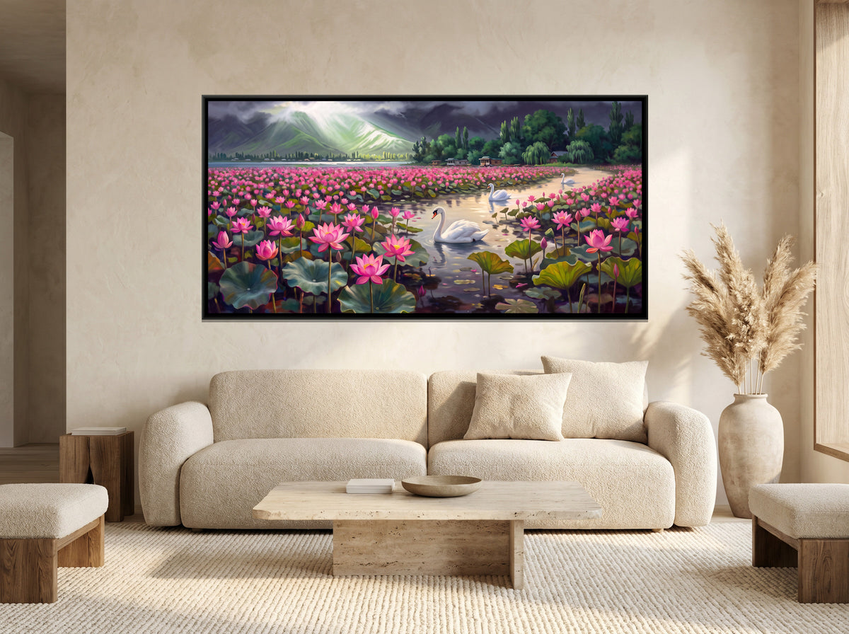 Swans on a Lotus Lake Under Storm Clouds - canvas art shown in a styled room