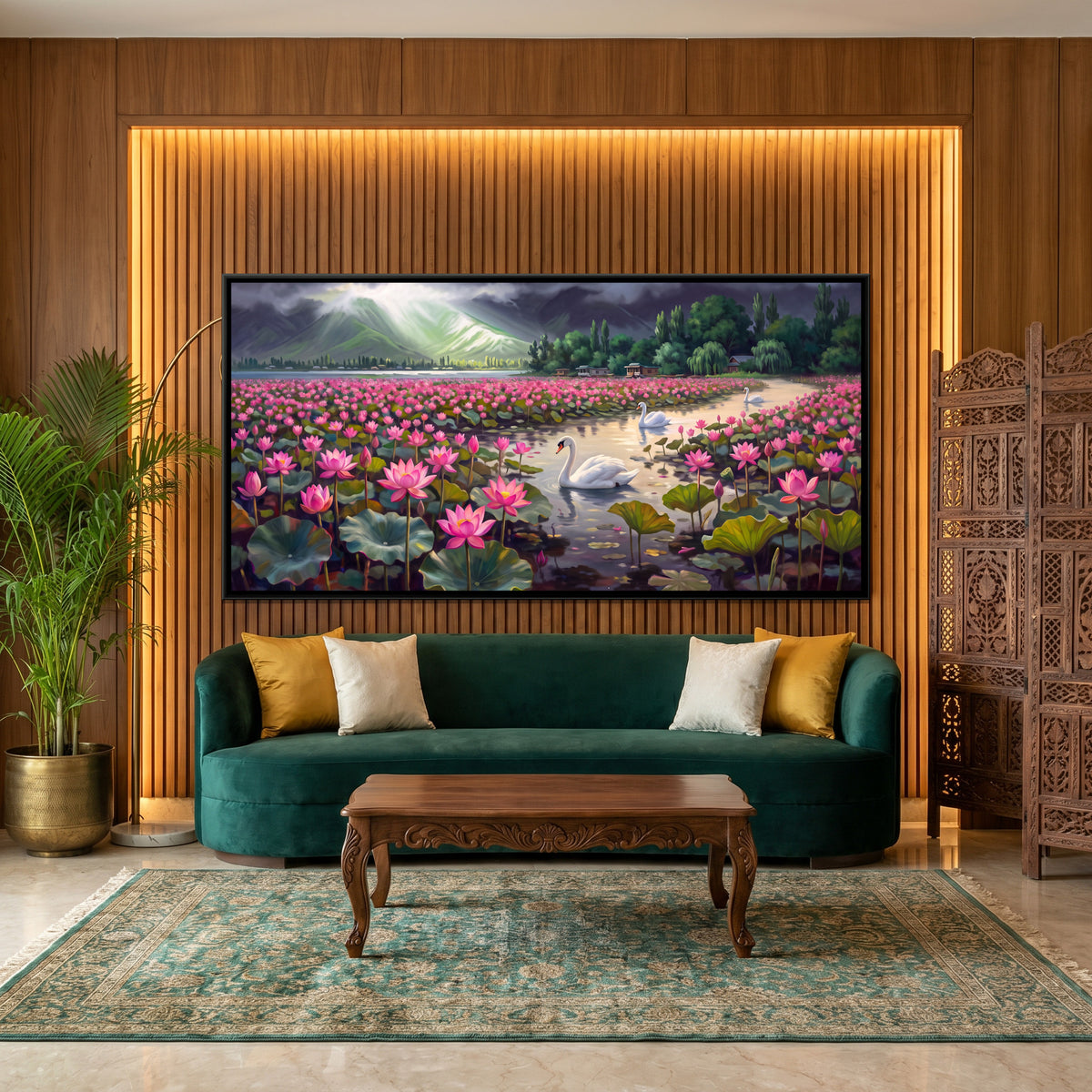 Swans on a Lotus Lake Under Storm Clouds - canvas art shown in a second room setting