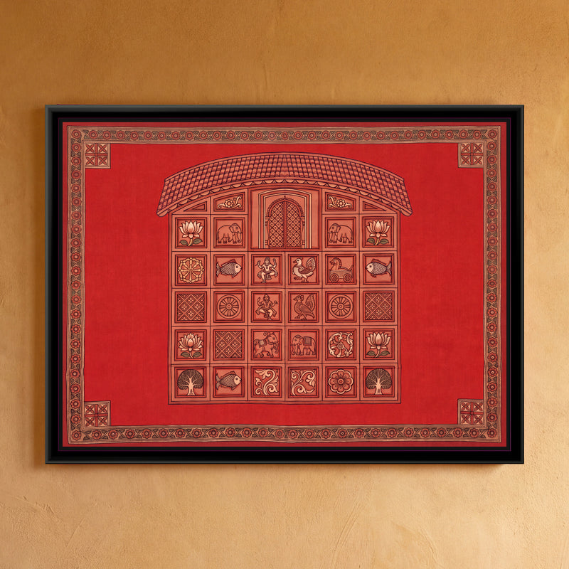 Terracotta Temple Facade with Panels on Vermilion Red - framed canvas art hung on a wall