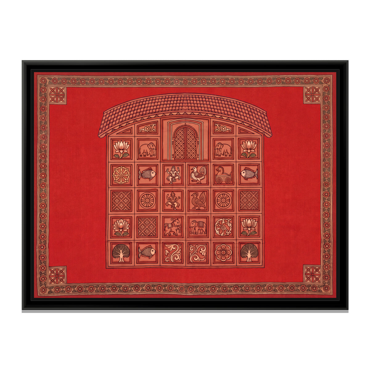 Terracotta Temple Facade with Panels on Vermilion Red - framed canvas print, front view