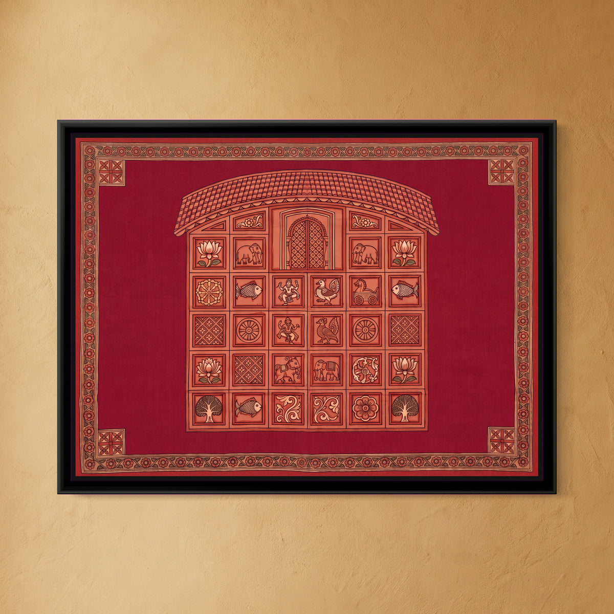 Terracotta Temple Facade with Panels on Crimson Red - framed canvas art hung on a wall