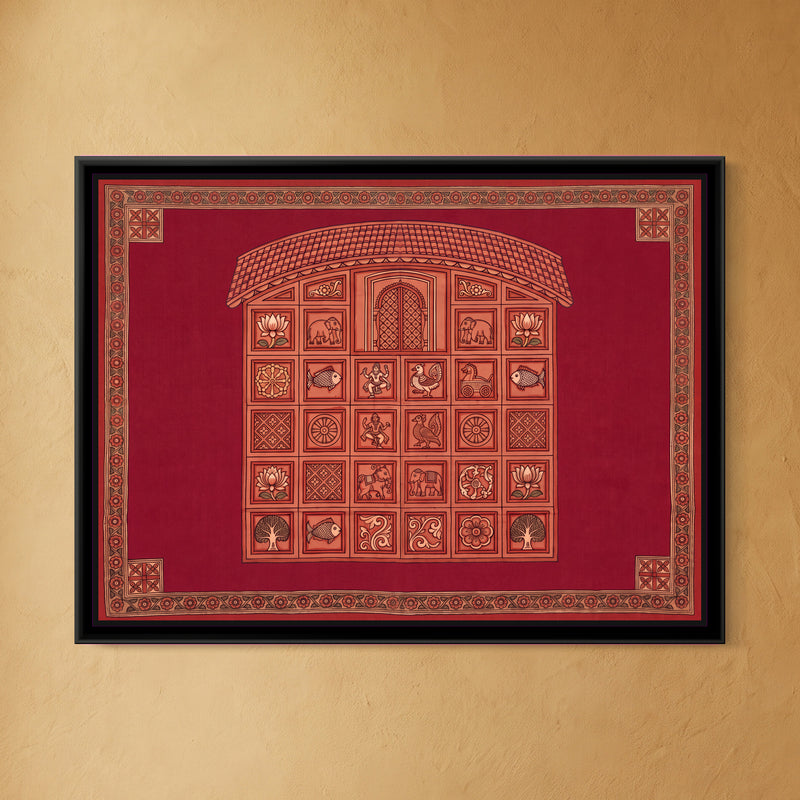 Terracotta Temple Facade with Panels on Crimson Red - framed canvas art hung on a wall