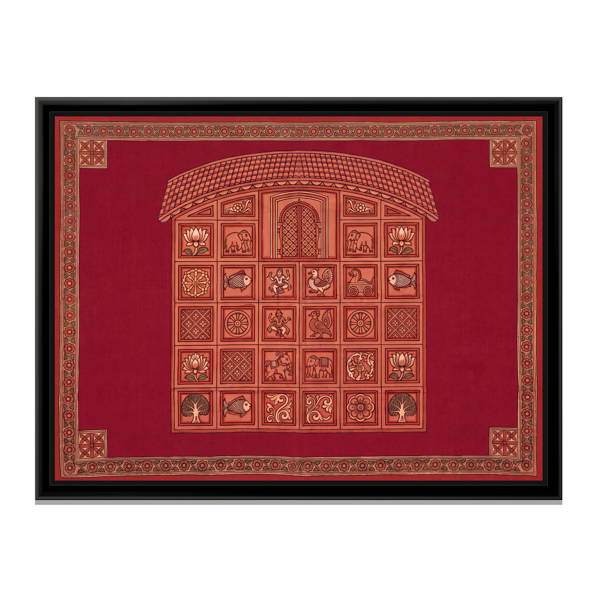 Terracotta Temple Facade with Panels on Crimson Red - framed canvas print, front view