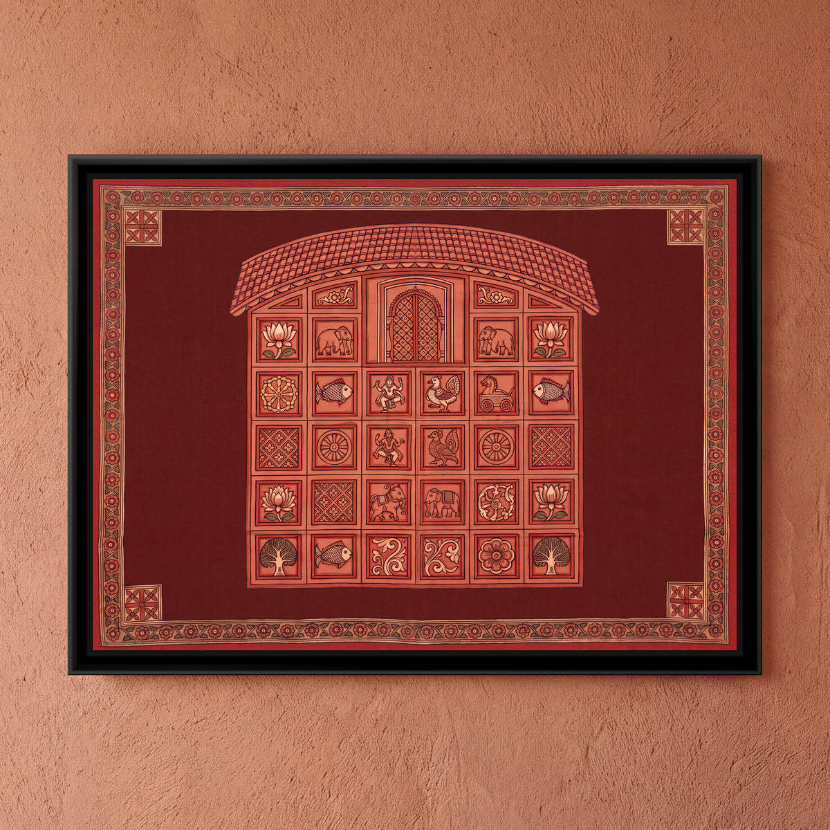 Terracotta Temple Facade with Panels on Maroon - framed canvas art hung on a wall