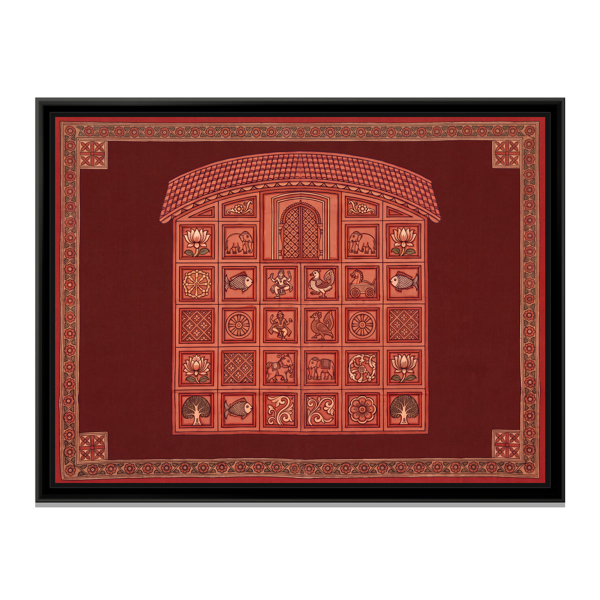 Terracotta Temple Facade with Panels on Maroon - framed canvas print, front view