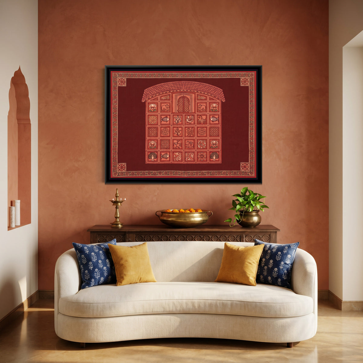 Terracotta Temple Facade with Panels on Maroon - canvas art shown in a styled room