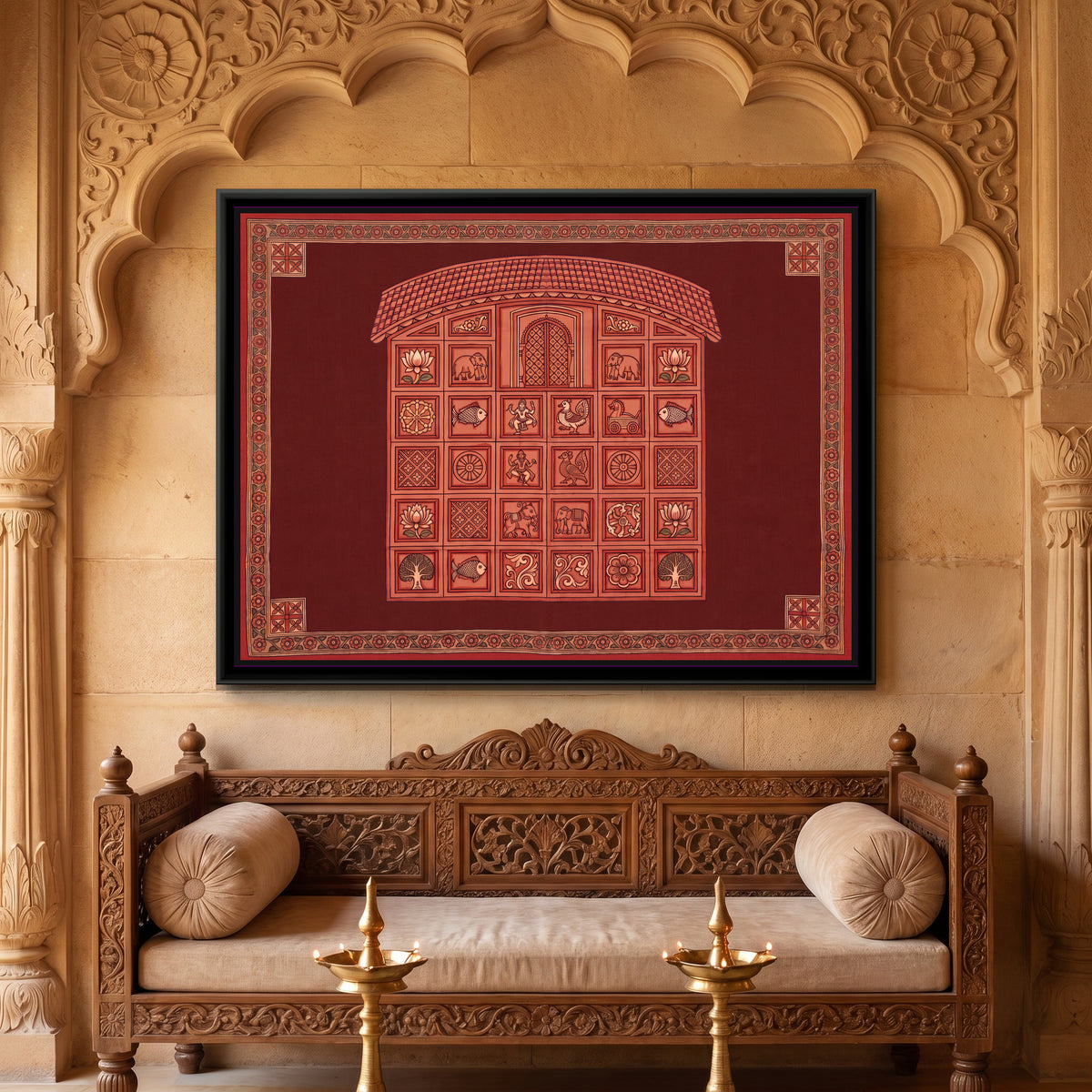 Terracotta Temple Facade with Panels on Maroon - canvas art shown in a second room setting