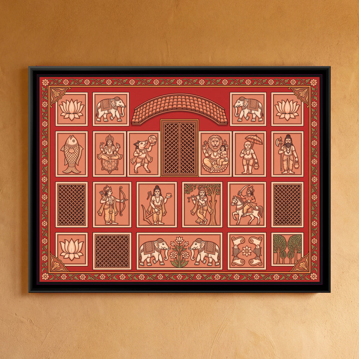 Dashavatar Terracotta Panels on Red - framed canvas art hung on a wall