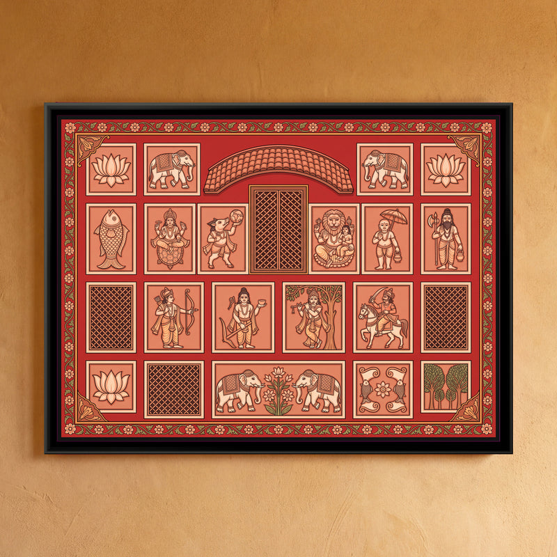 Dashavatar Terracotta Panels on Red - framed canvas art hung on a wall