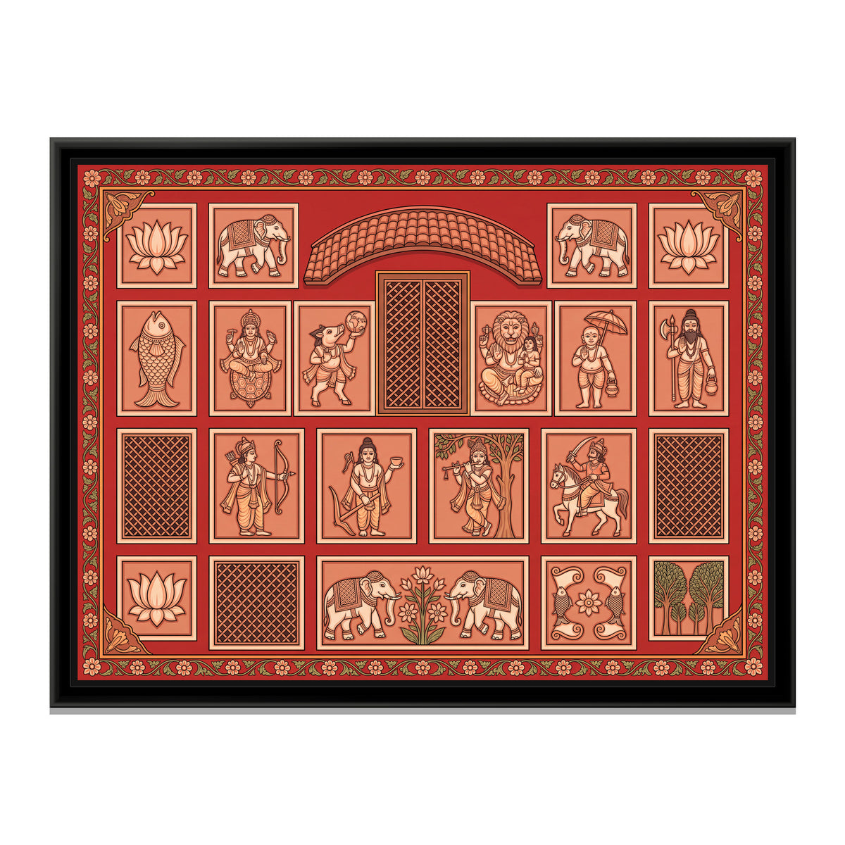 Dashavatar Terracotta Panels on Red - framed canvas print, front view