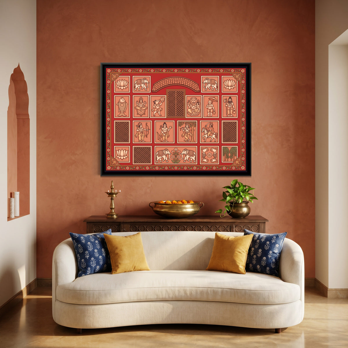 Dashavatar Terracotta Panels on Red - canvas art shown in a styled room