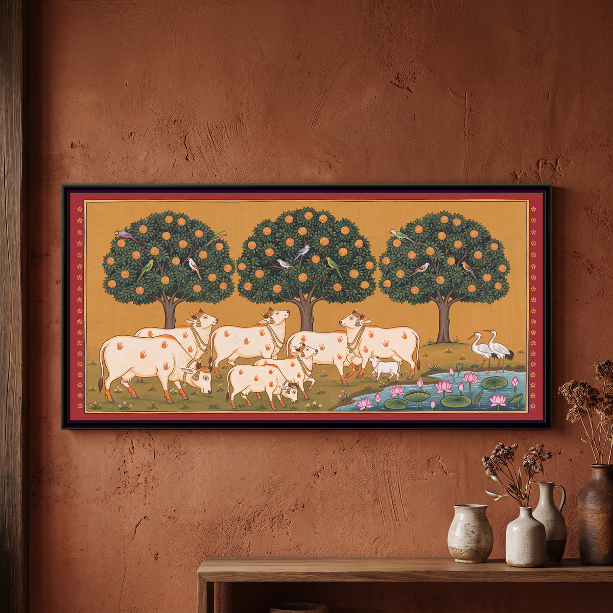 Cows and Calves beneath a Kadamba Grove - framed canvas art hung on a wall