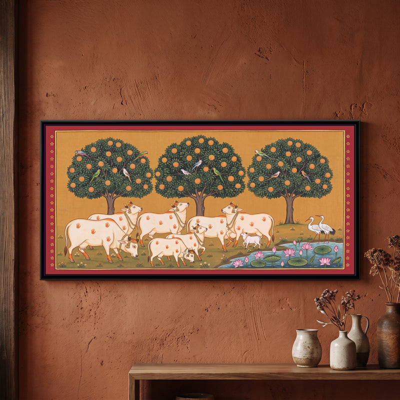 Cows and Calves beneath a Kadamba Grove - framed canvas art hung on a wall
