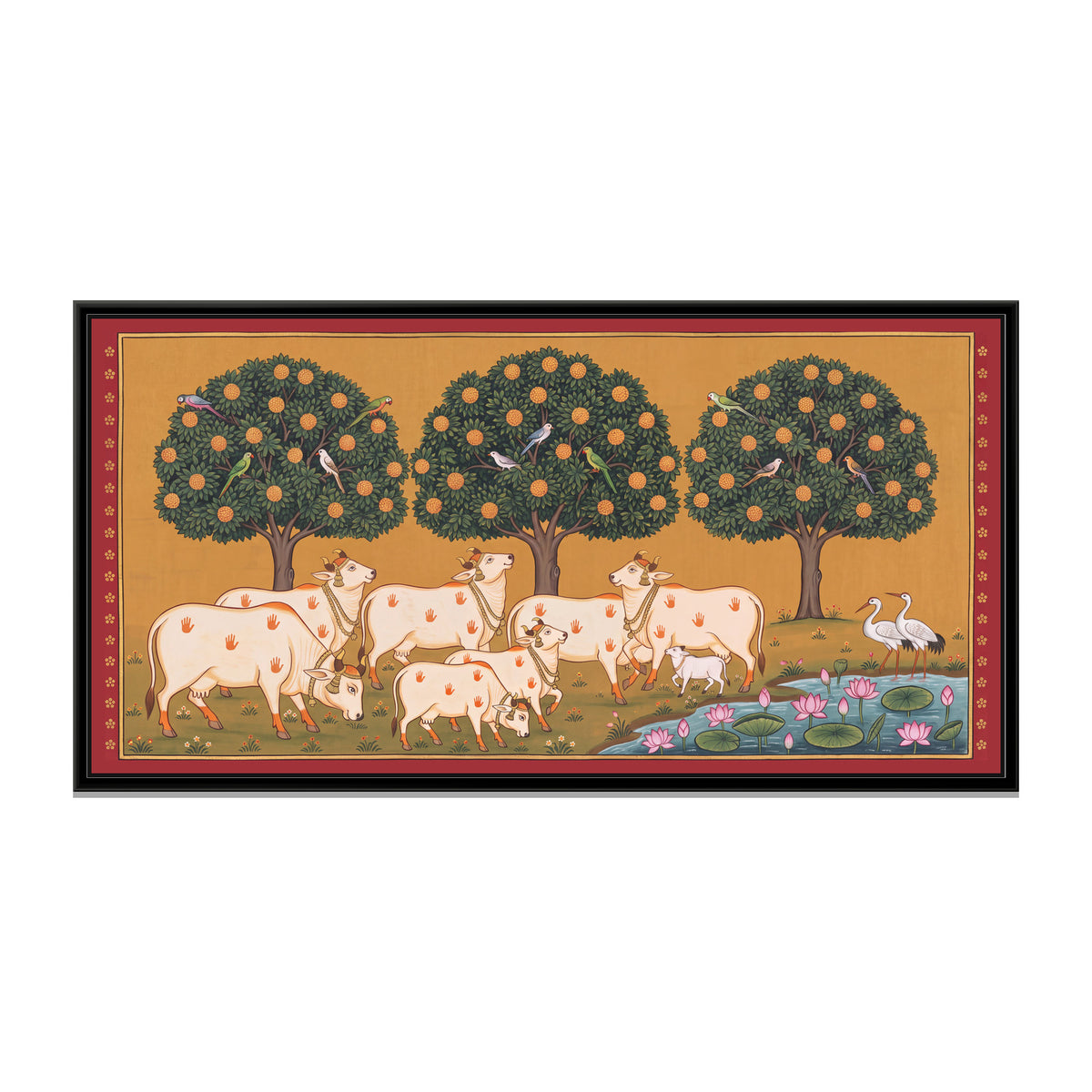 Cows and Calves beneath a Kadamba Grove - framed canvas print, front view