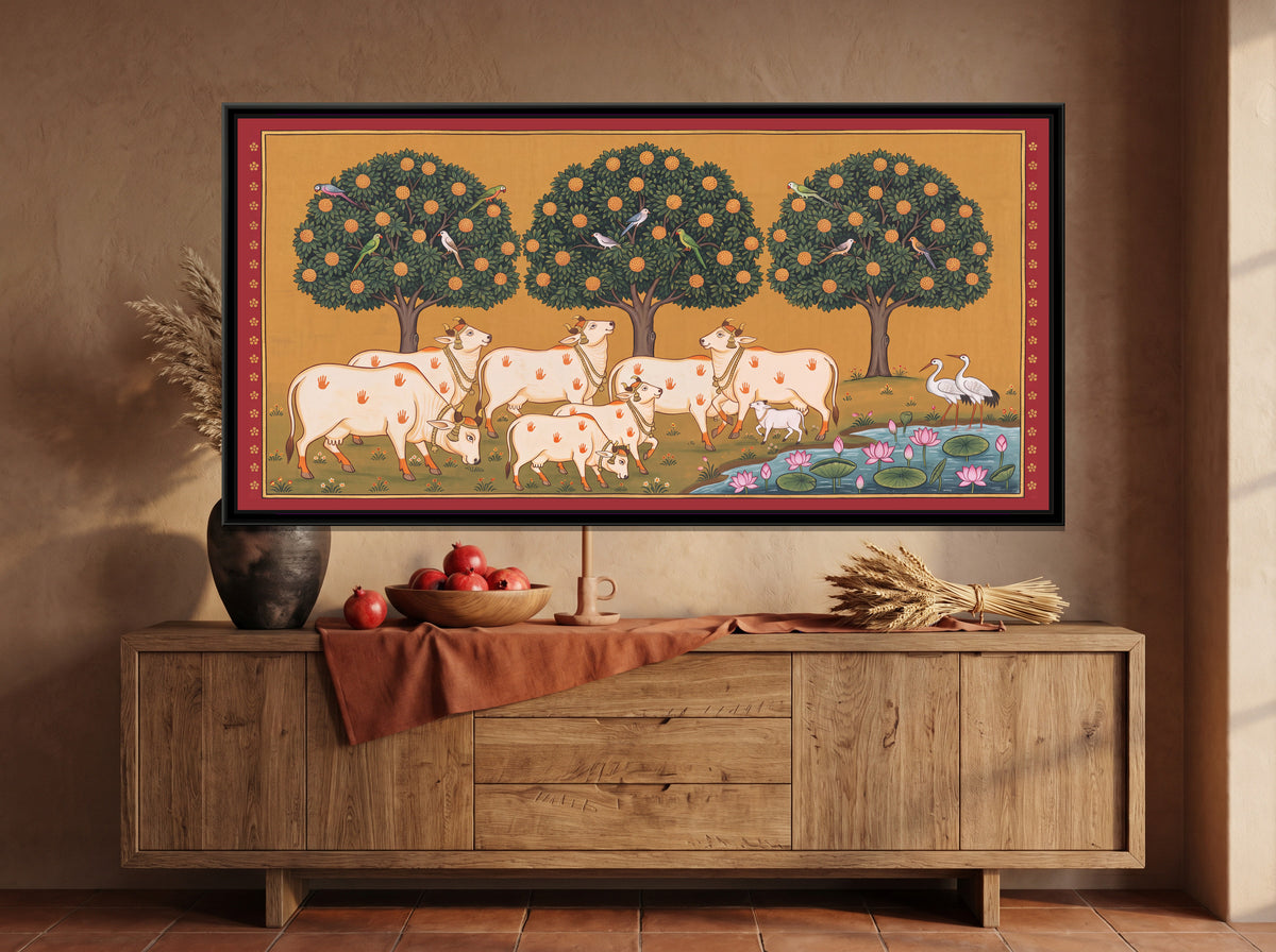 Cows and Calves beneath a Kadamba Grove - canvas art shown in a styled room