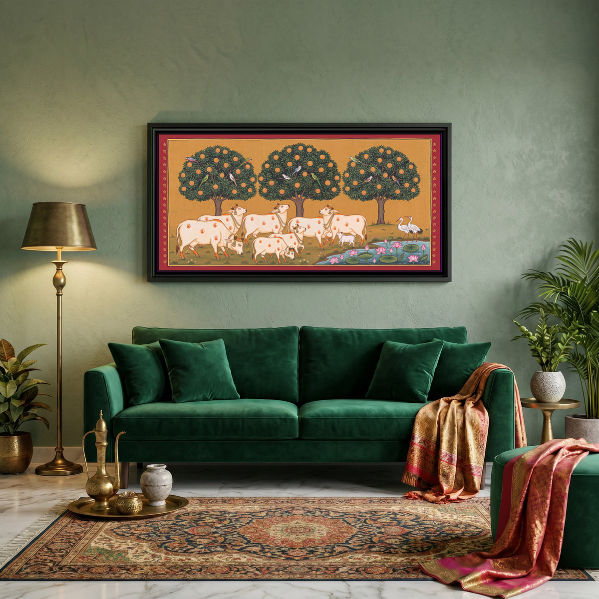 Cows and Calves beneath a Kadamba Grove - canvas art shown in a second room setting