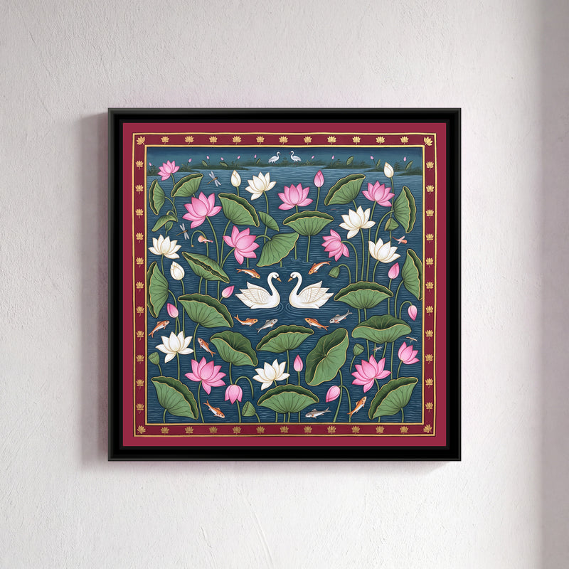 Swans on a Lotus Pond - framed canvas art hung on a wall