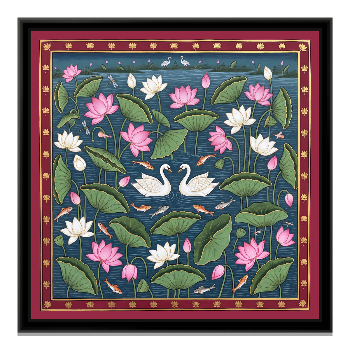 Swans on a Lotus Pond - framed canvas print, front view