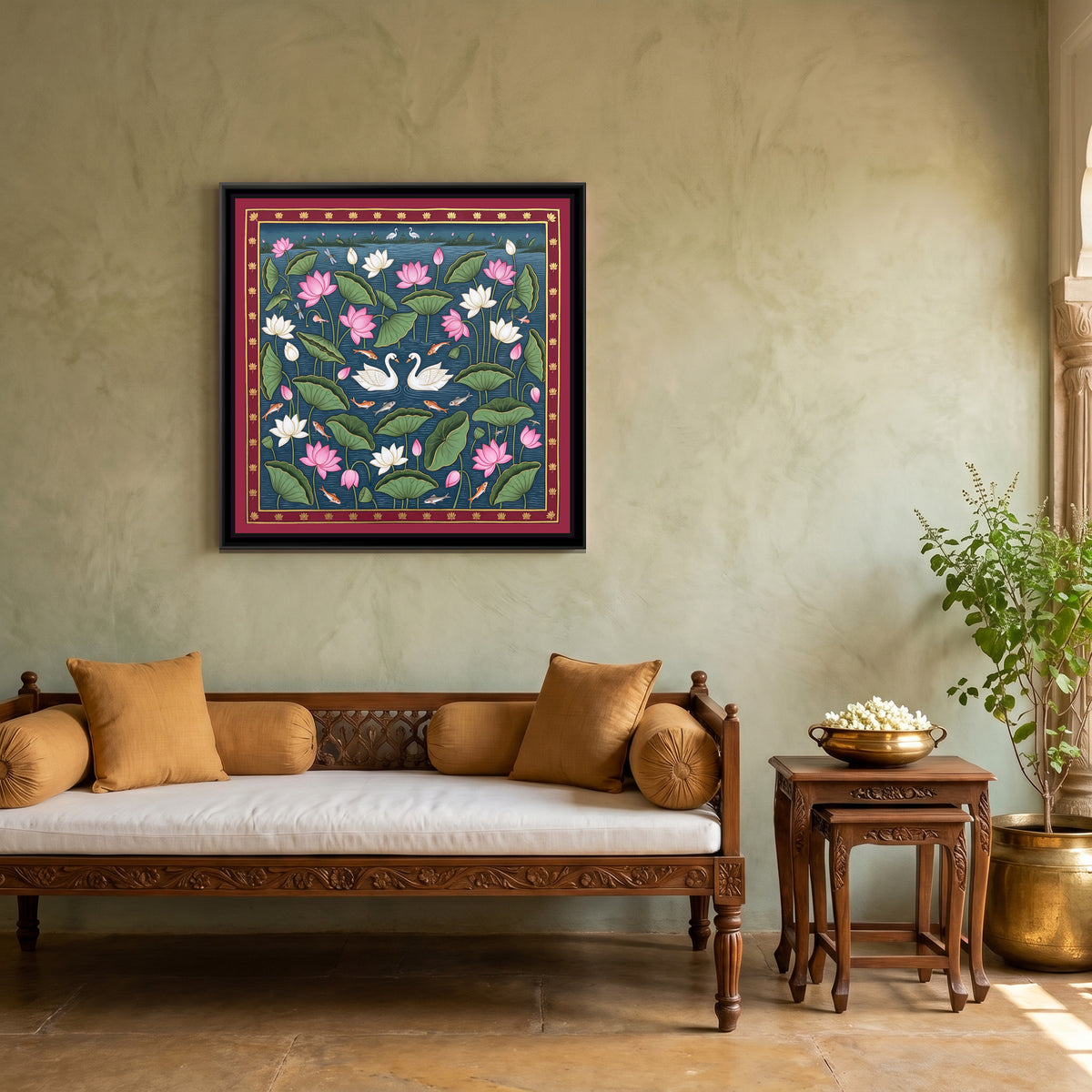 Swans on a Lotus Pond - canvas art shown in a styled room