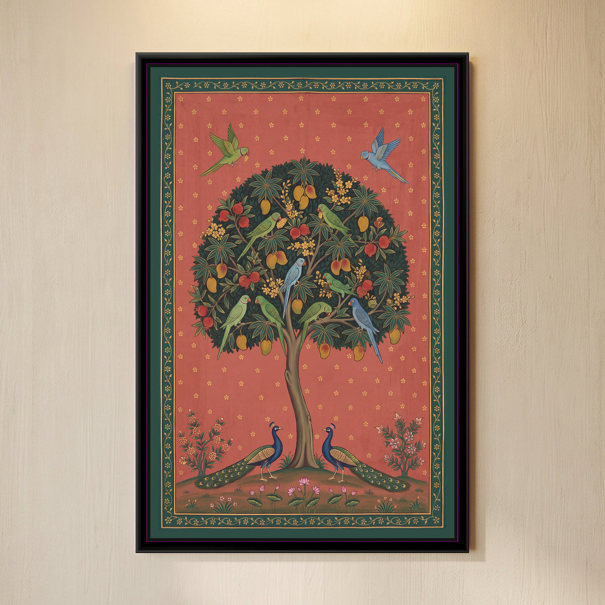 Kalpavriksha with Parrots and Peacocks - framed canvas art hung on a wall
