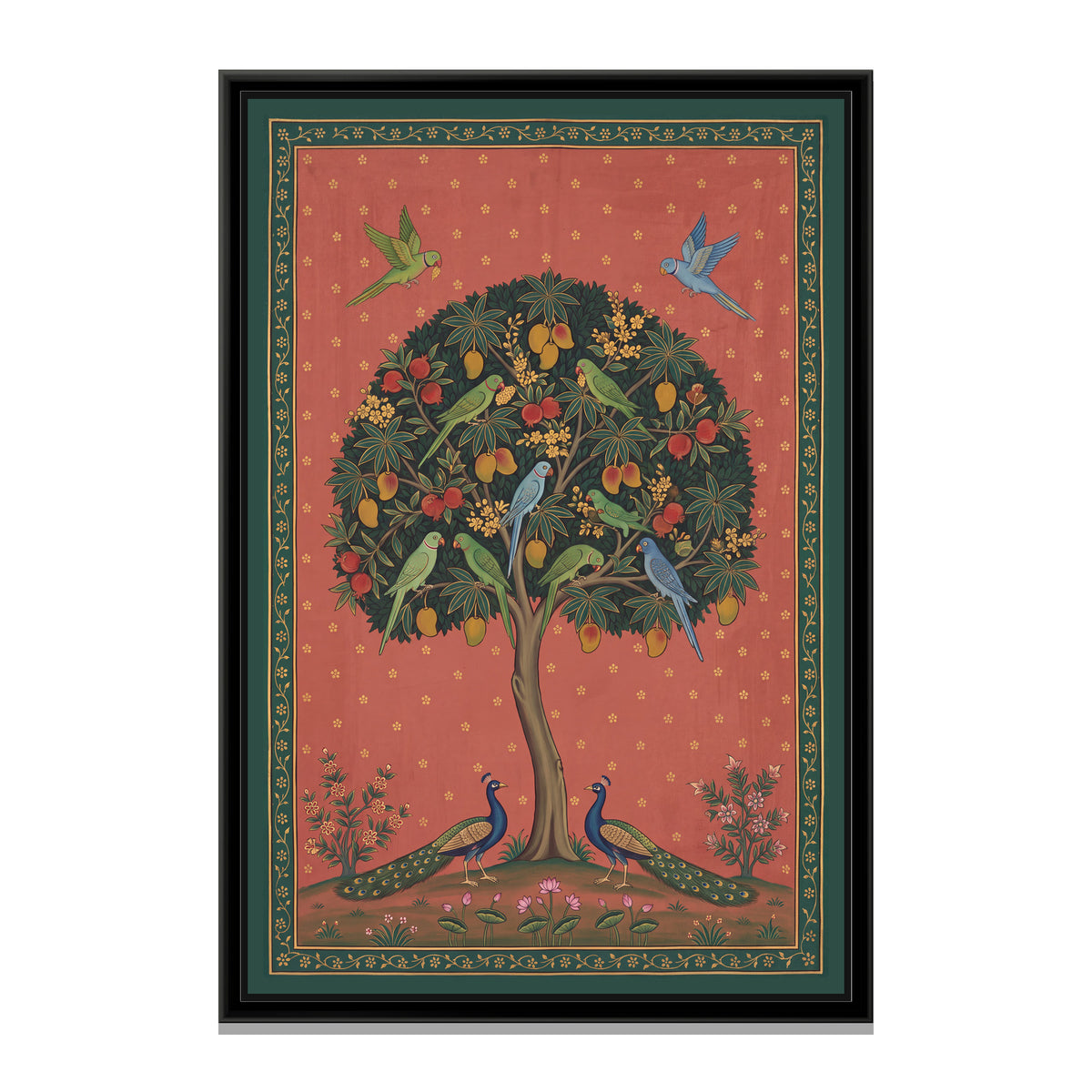 Kalpavriksha with Parrots and Peacocks - framed canvas print, front view