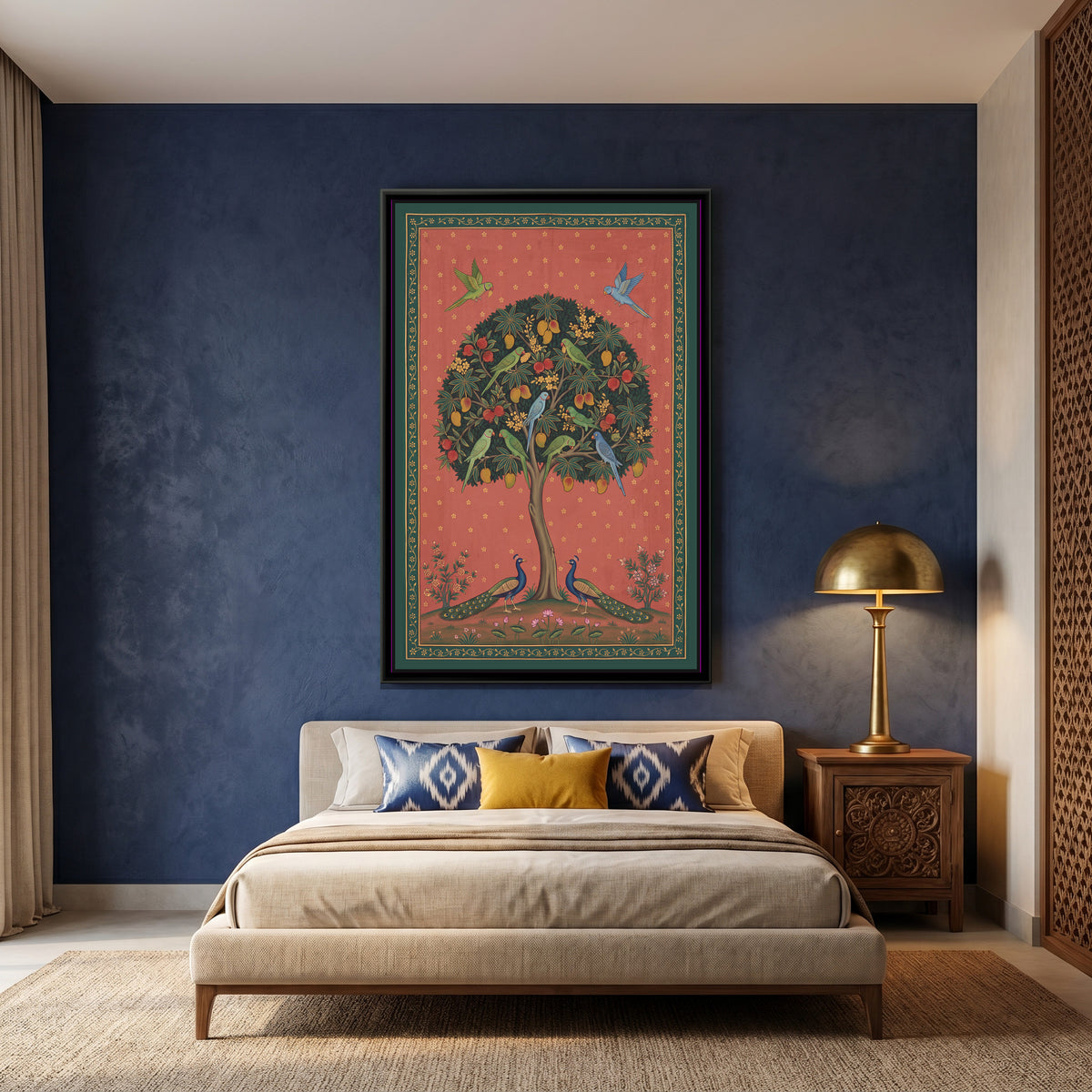 Kalpavriksha with Parrots and Peacocks - canvas art shown in a styled room