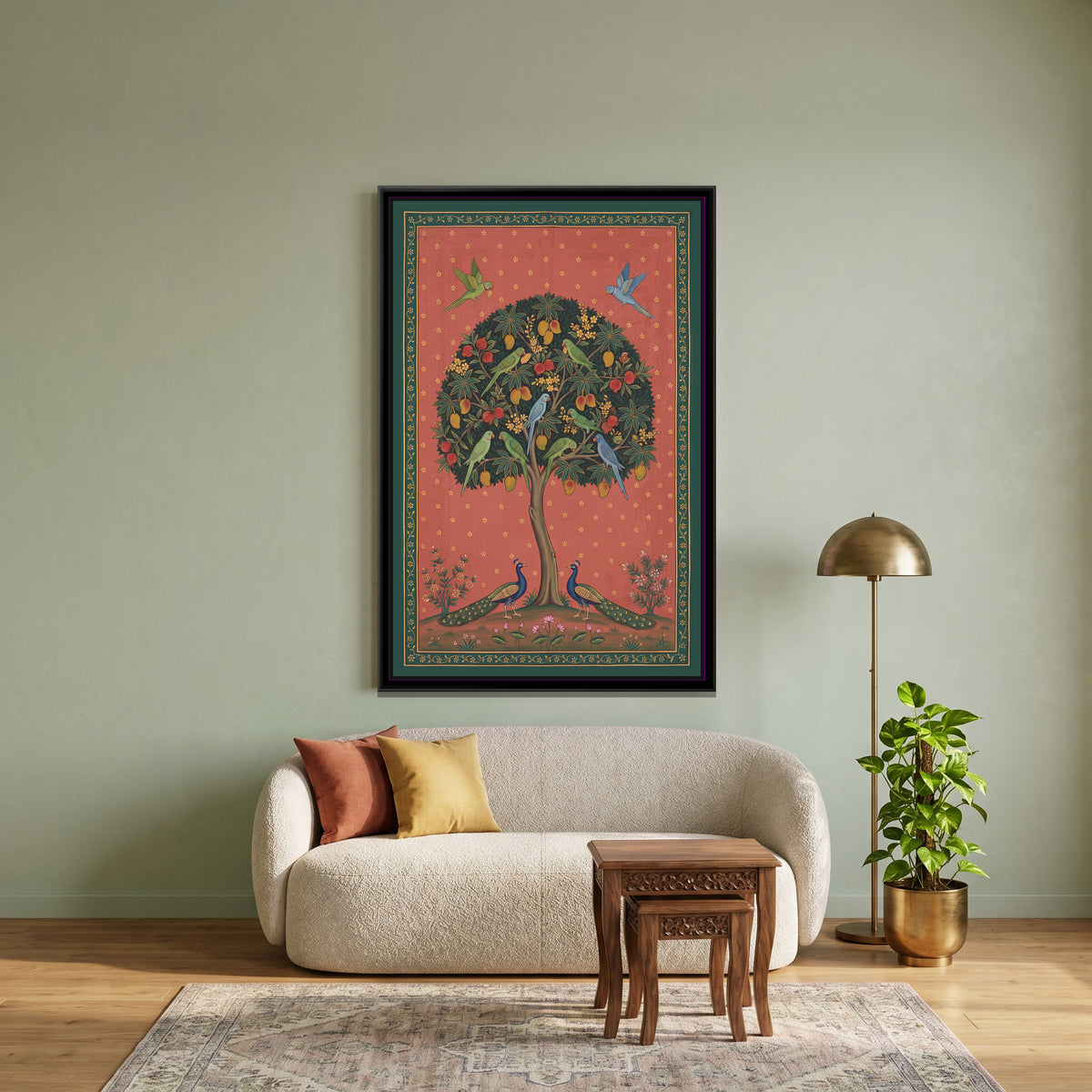 Kalpavriksha with Parrots and Peacocks - canvas art shown in a second room setting