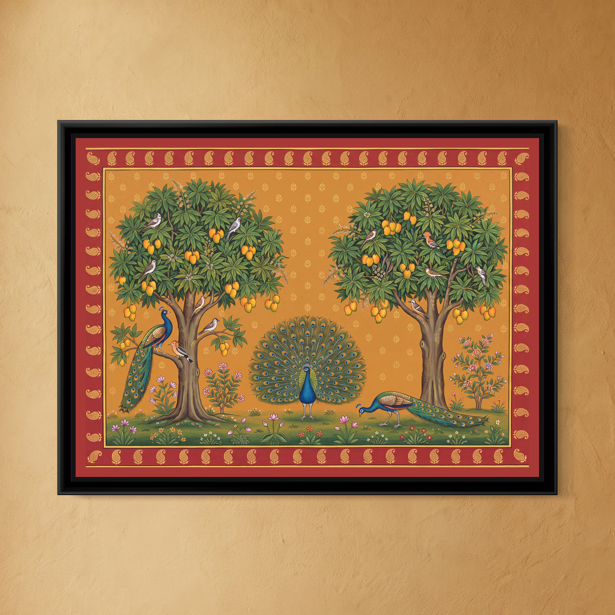 Peacocks in a Mango Orchard - framed canvas art hung on a wall