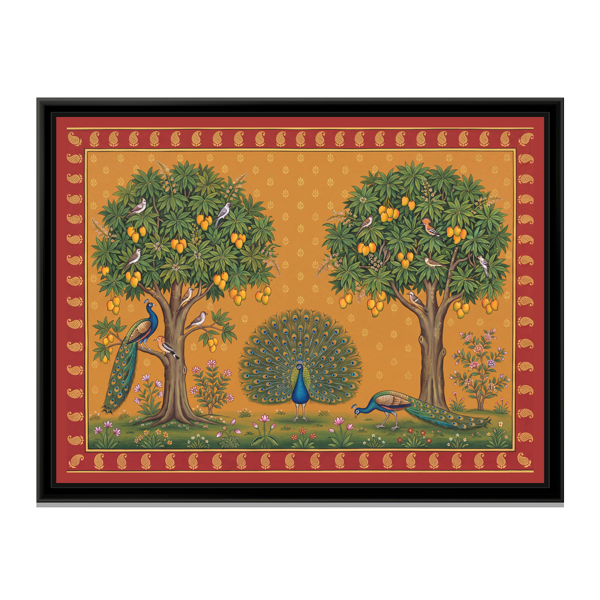 Peacocks in a Mango Orchard - framed canvas print, front view