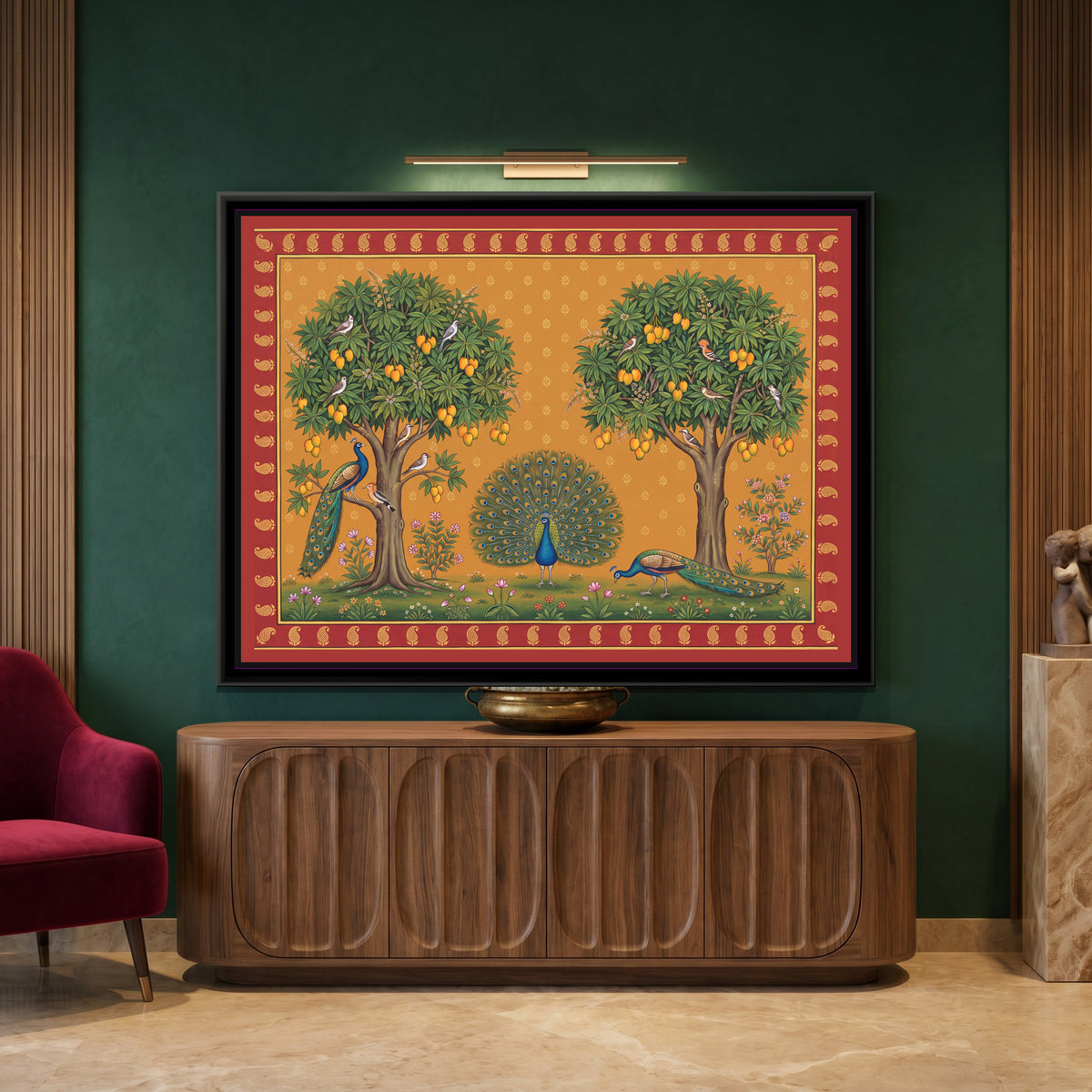 Peacocks in a Mango Orchard - canvas art shown in a second room setting