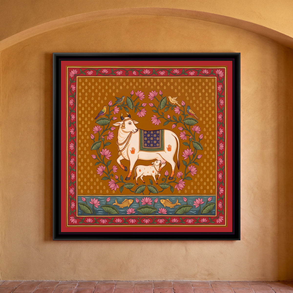 Cow and Calf in a Lotus Creeper - framed canvas art hung on a wall