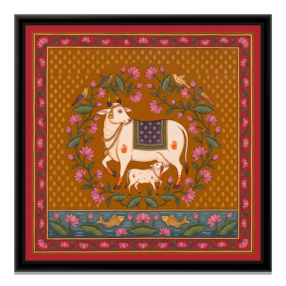 Cow and Calf in a Lotus Creeper - framed canvas print, front view