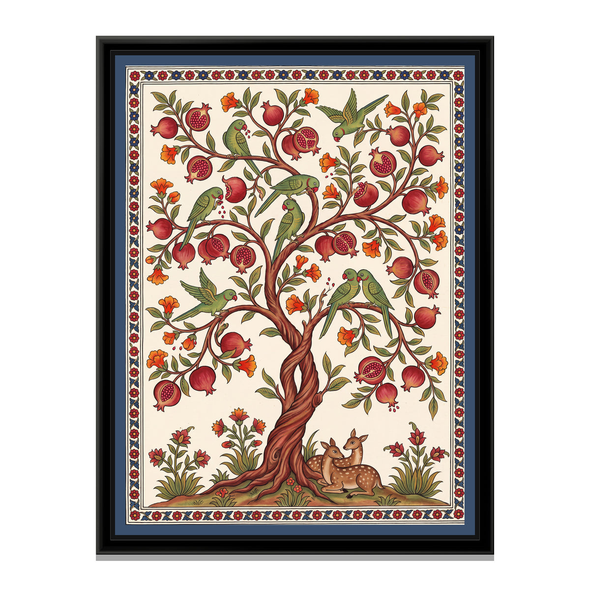 Parrots in a Pomegranate Tree - framed canvas print, front view