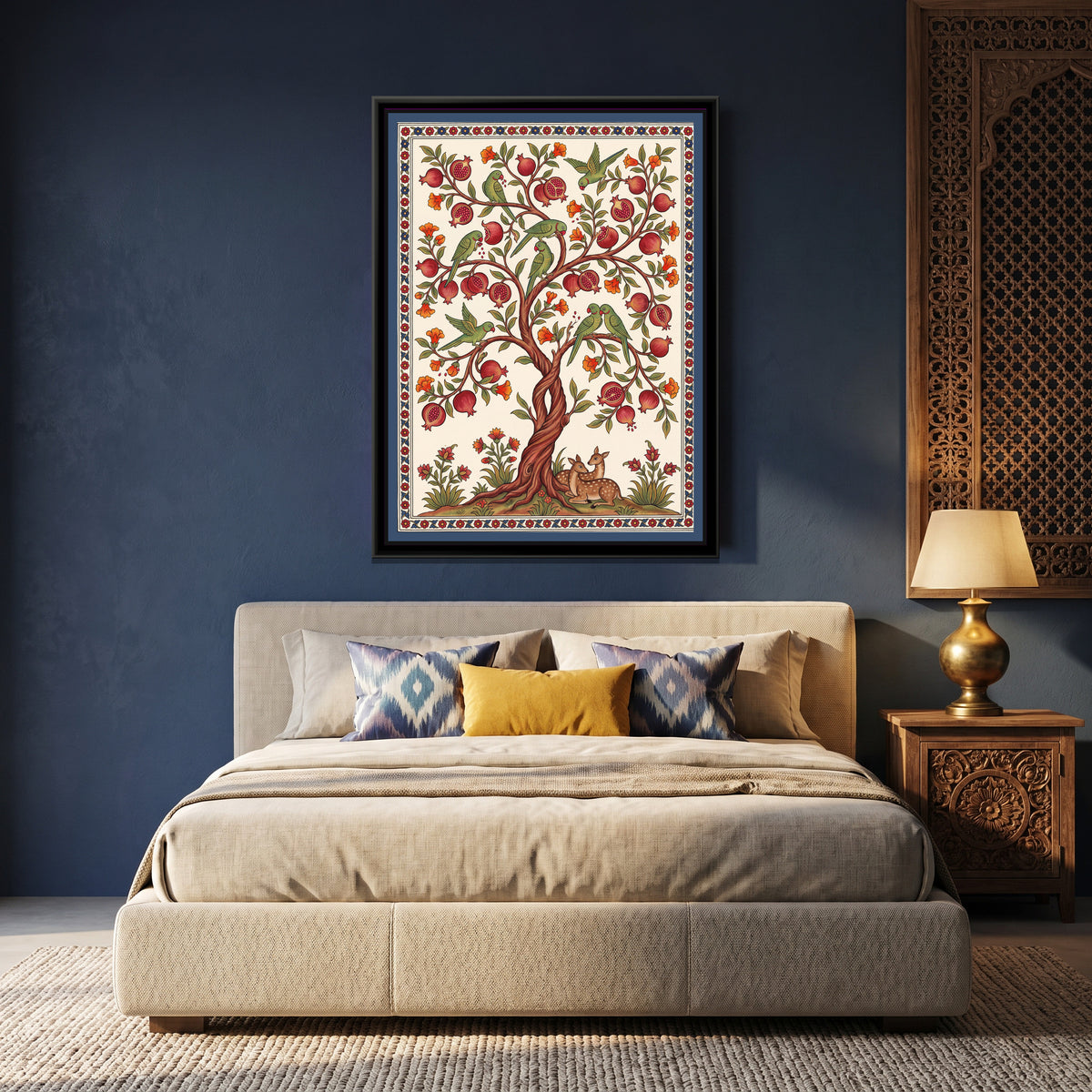 Parrots in a Pomegranate Tree - canvas art shown in a styled room