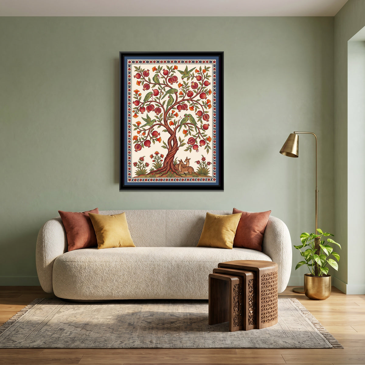 Parrots in a Pomegranate Tree - canvas art shown in a second room setting